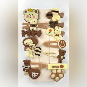 Cute Brown and Cream Kids Hair Clips Set 12 Animal. Smiles. Bows. Teddy Bear